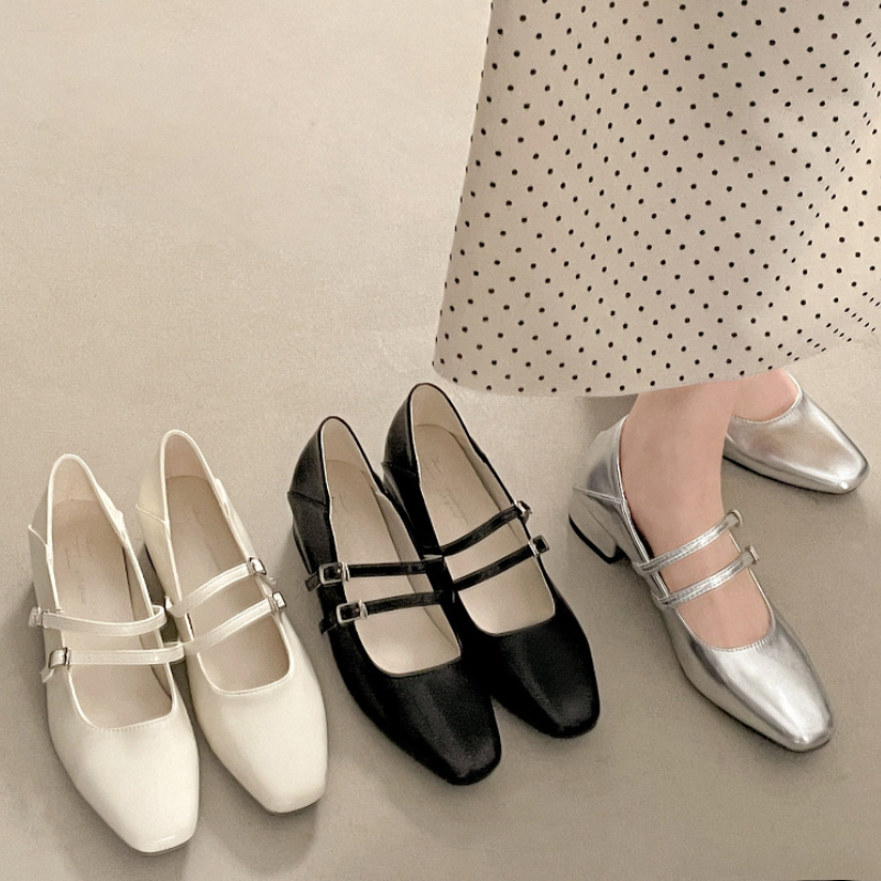 Square Toe Low Heel Women Silv – Leather Classic Strap recenzja i cena