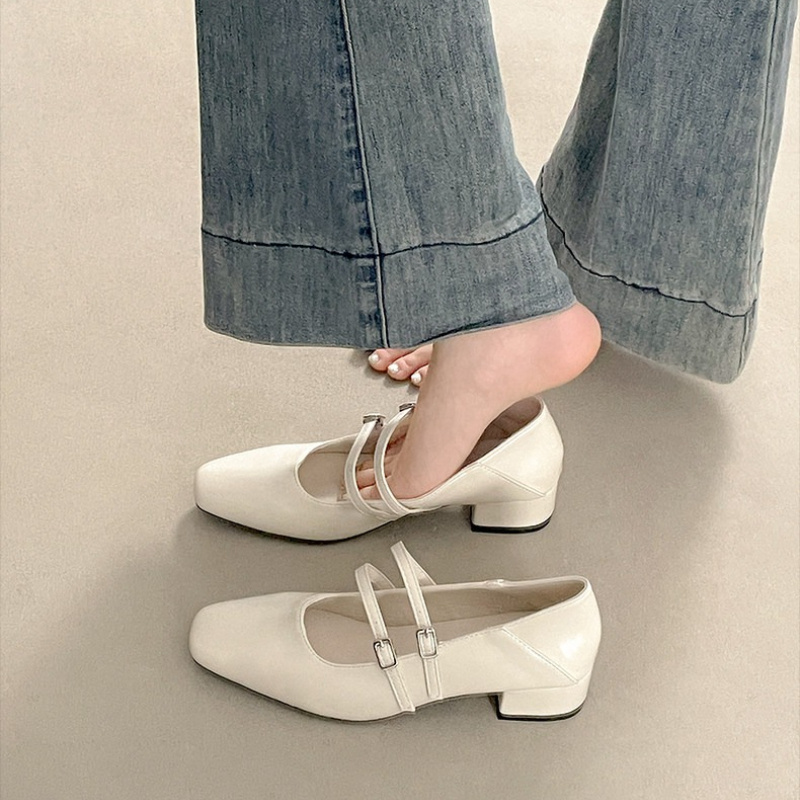 Square Toe Low Heel Women Silv – Leather Classic Strap recenzja i cena